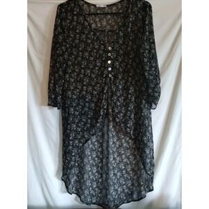 Maurices Sheer Cardigan Sz SM Black Floral 3/4 Sleeve High Low Button Front